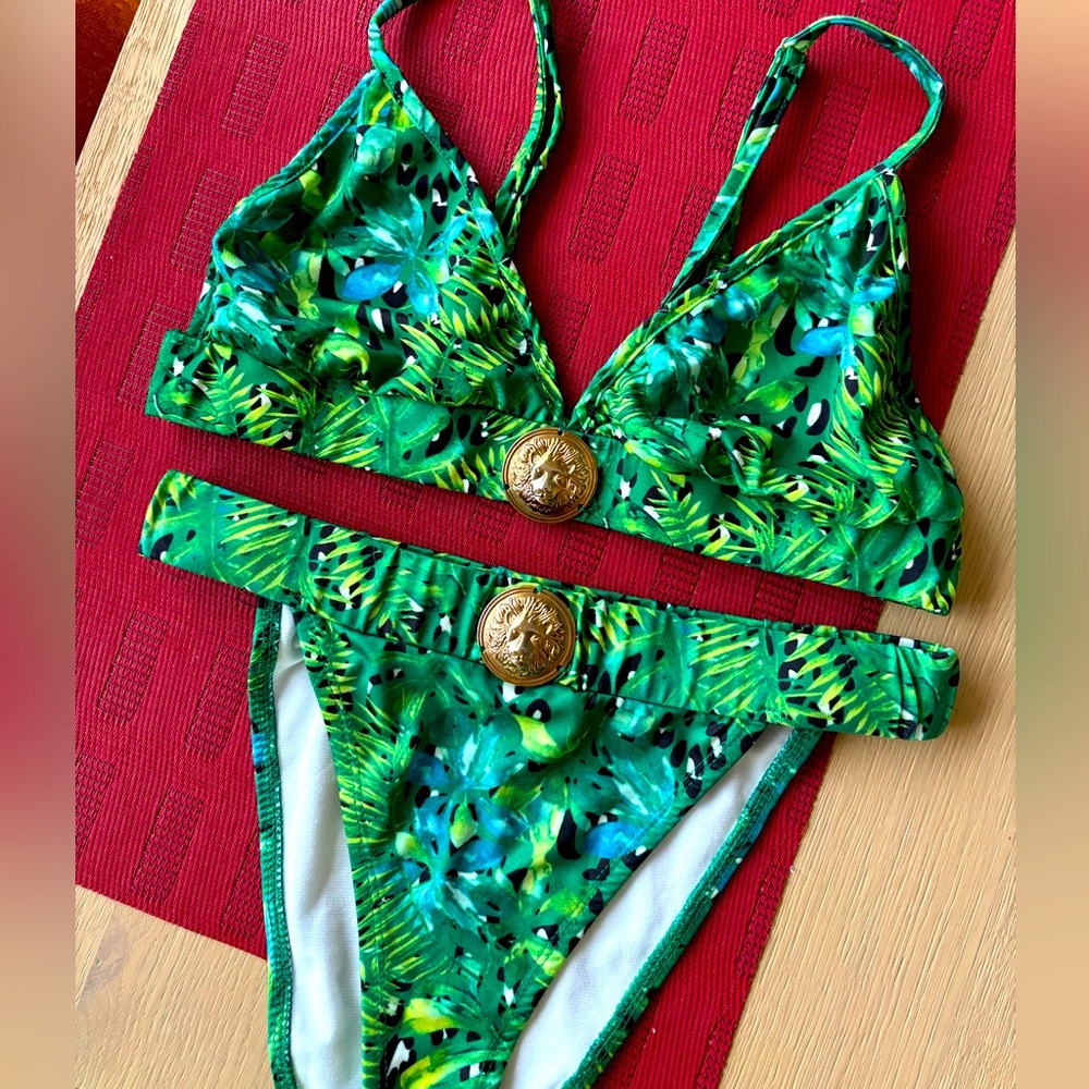 Green Tropical Print Bikini with Gold Accents designer inspired lion head 4 - Picture 3 of 7